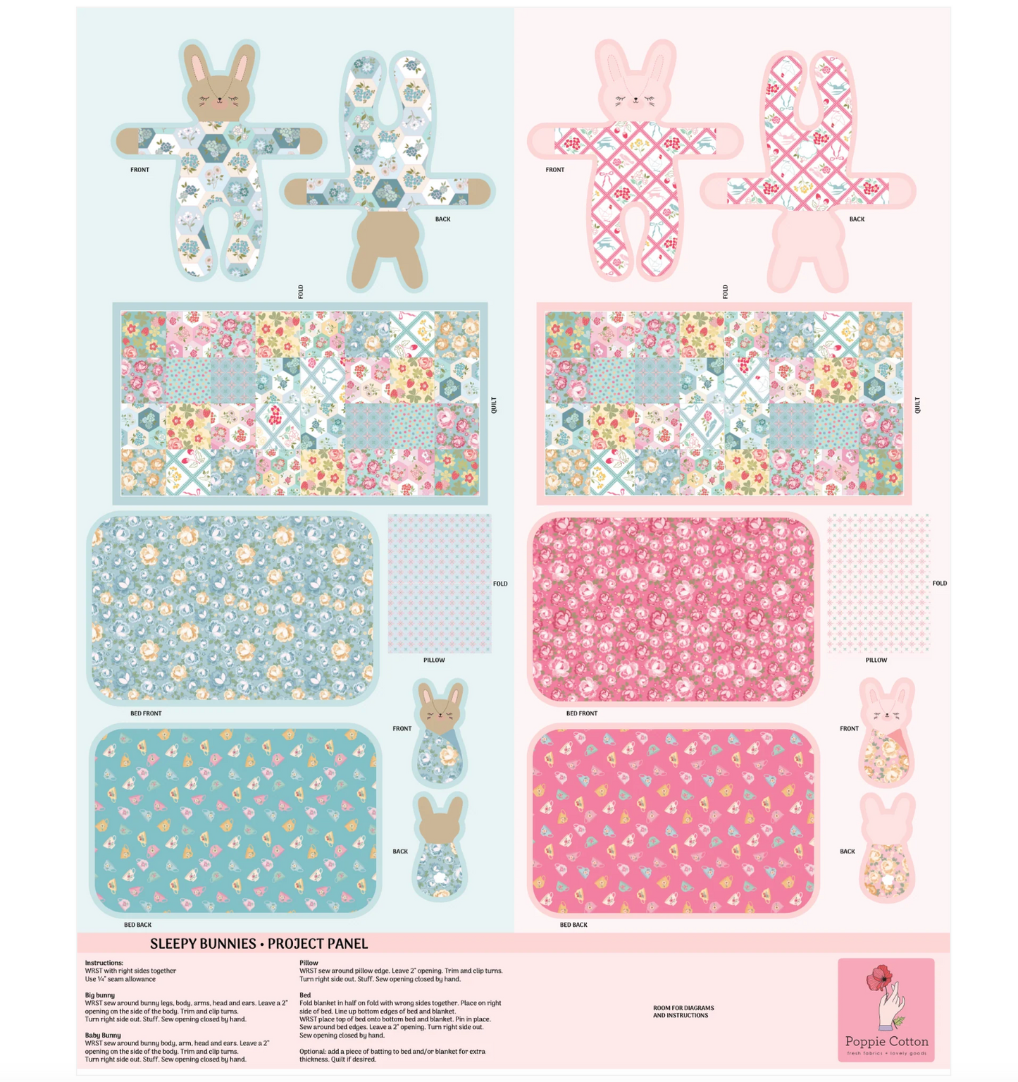 Rosy Cheeks Fabric by Poppie Cotton, Sleeping Bunnies Panel Multi, RC25264 - Good Vibes Quilt Shop