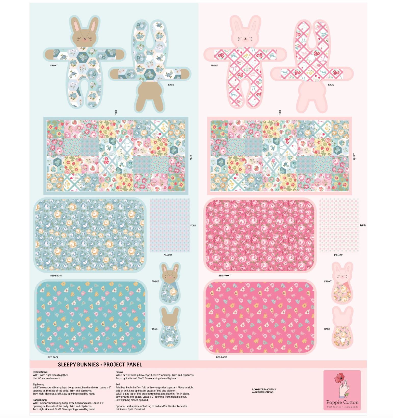 Rosy Cheeks Fabric by Poppie Cotton, Sleeping Bunnies Panel Multi, RC25264 - Good Vibes Quilt Shop