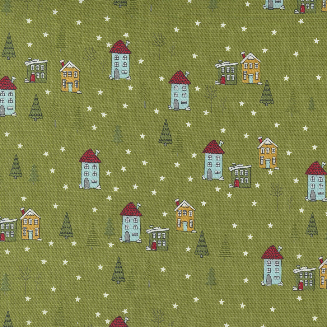 Snowkissed, The Lodge Novelty Christmas Houses, Pine Green 55582 13, *sold in 1 yard pieces - Good Vibes Quilt Shop