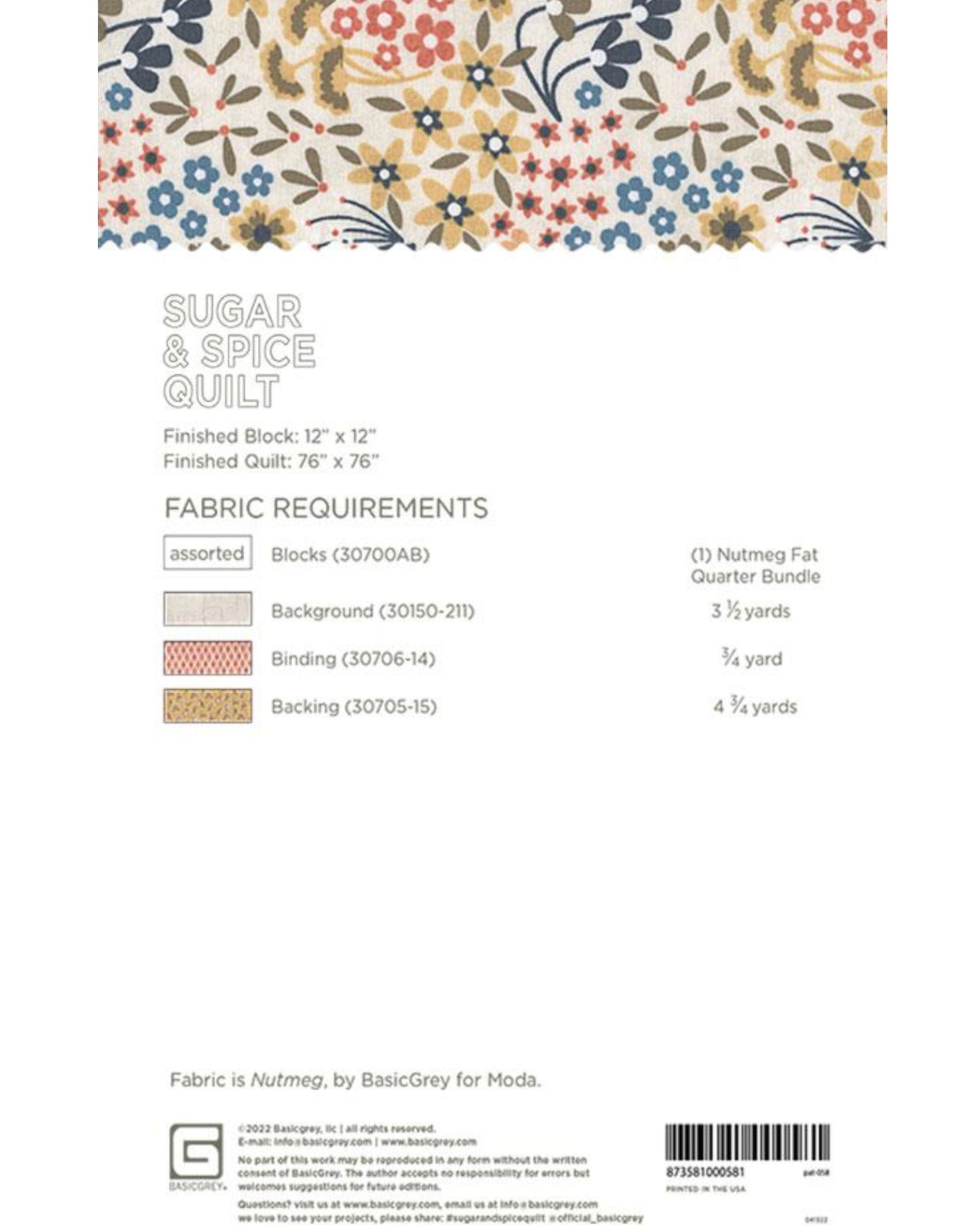 Sugar & Spice Quilt Pattern, by Basic Grey, PAT058, Fat Quarter Friendly