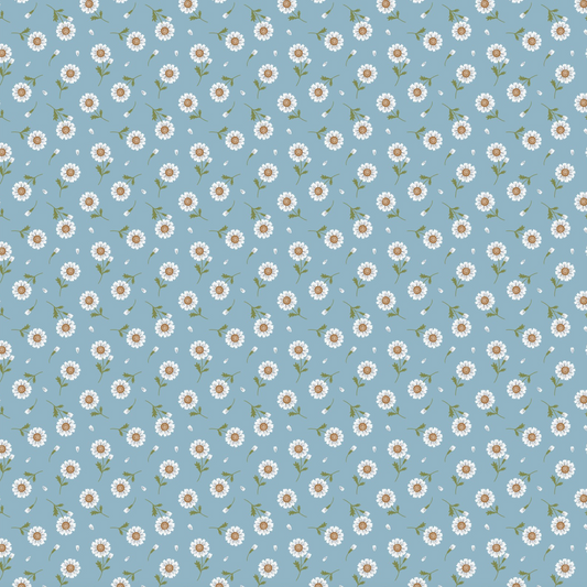 Sunshine & Chamomile, Tossed Daisies, Blue, SC23505, sold by the 1/2 yard