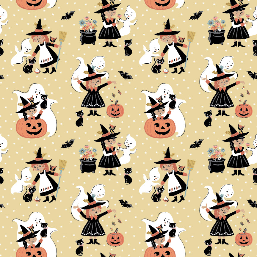 The Good Witch Fabric by Sheri McCulley for Poppie Cotton | Good Witches Wheat GW271402 | Sold by the 1/2 Yard | PREORDER