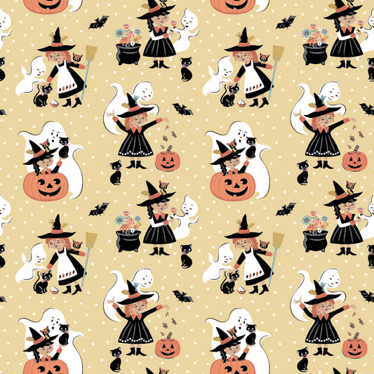 The Good Witch Fabric by Sheri McCulley for Poppie Cotton | Good Witches Wheat GW271402 | Sold by the 1/2 Yard | PREORDER