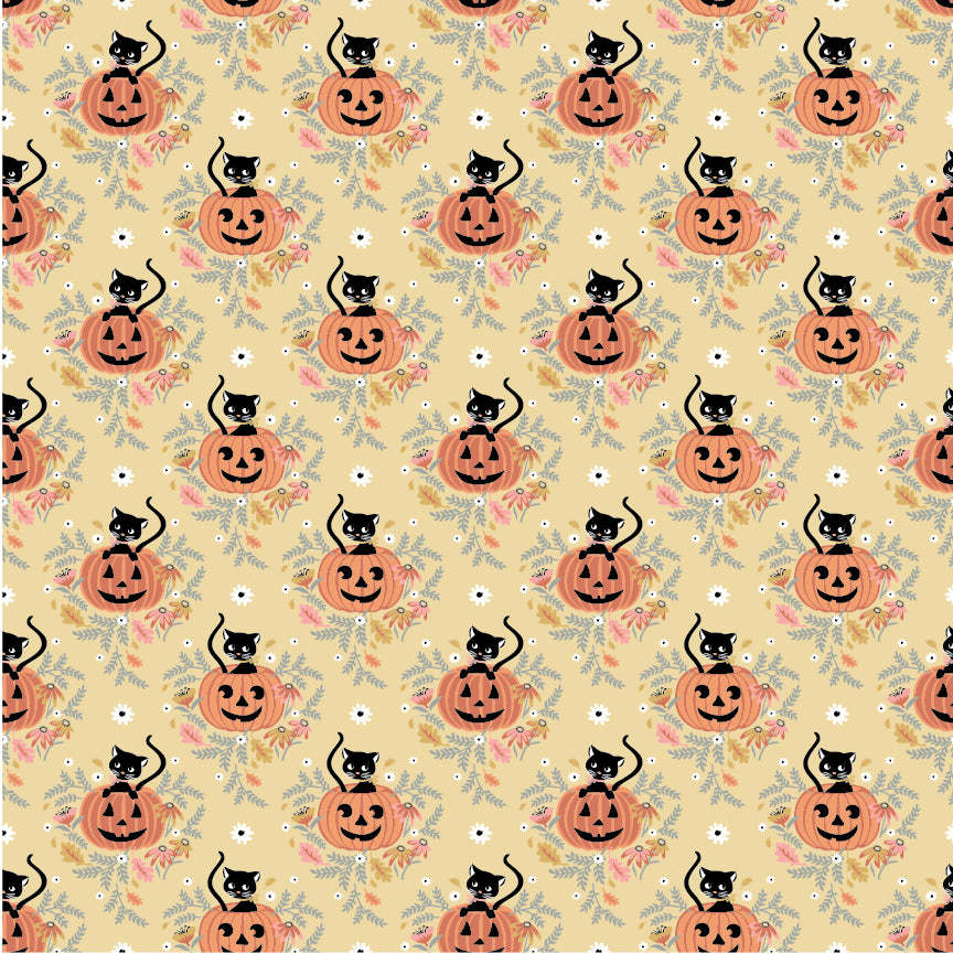The Good Witch Fabric by Sheri McCulley for Poppie Cotton | Pumpkin Patch Cats Wheat GW271411 | Sold by the 1/2 Yard | PREORDER
