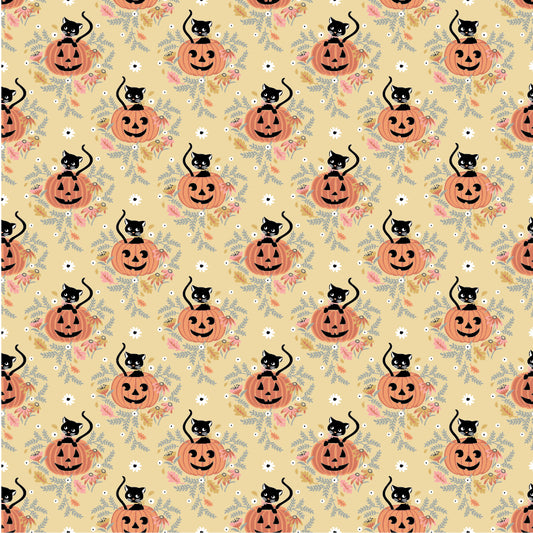 The Good Witch Fabric by Sheri McCulley for Poppie Cotton | Pumpkin Patch Cats Wheat GW271411 | Sold by the 1/2 Yard | PREORDER