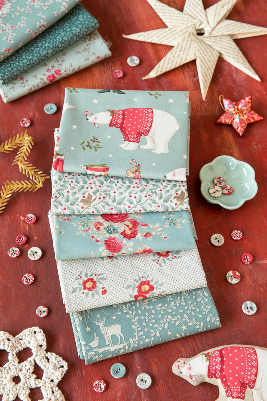 Tilda Merry Little Christmas Fabric, FQB 5pc Duck Egg, TIL300243