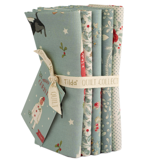 Tilda Merry Little Christmas Fabric, FQB 5pc Duck Egg, TIL300243