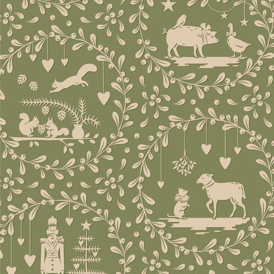 Patterned design with animals and nature elements on a green background