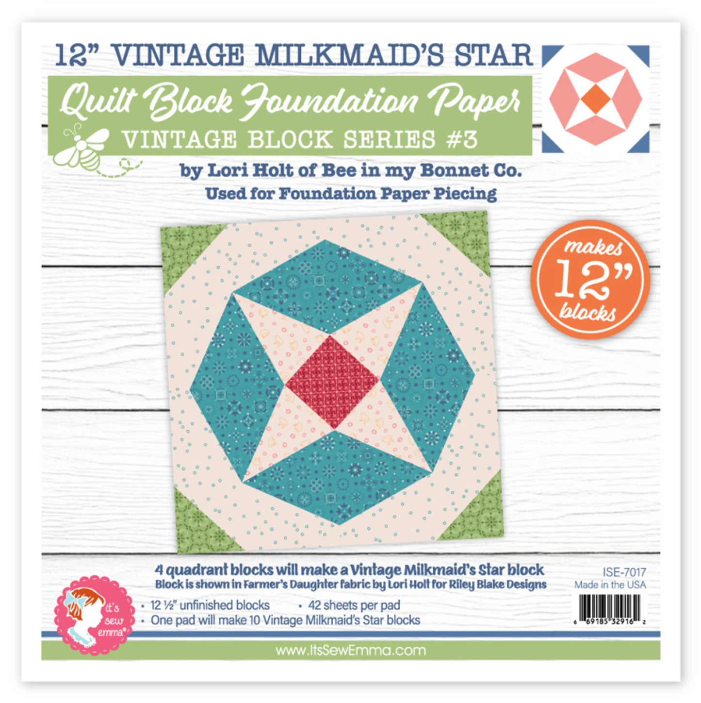 Vintage Milkmaid Star Quilt Block Foundation Paper by Lori Holt, 12" Block