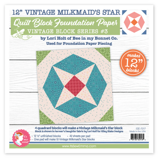 Vintage Milkmaid Star Quilt Block Foundation Paper by Lori Holt, 12" Block