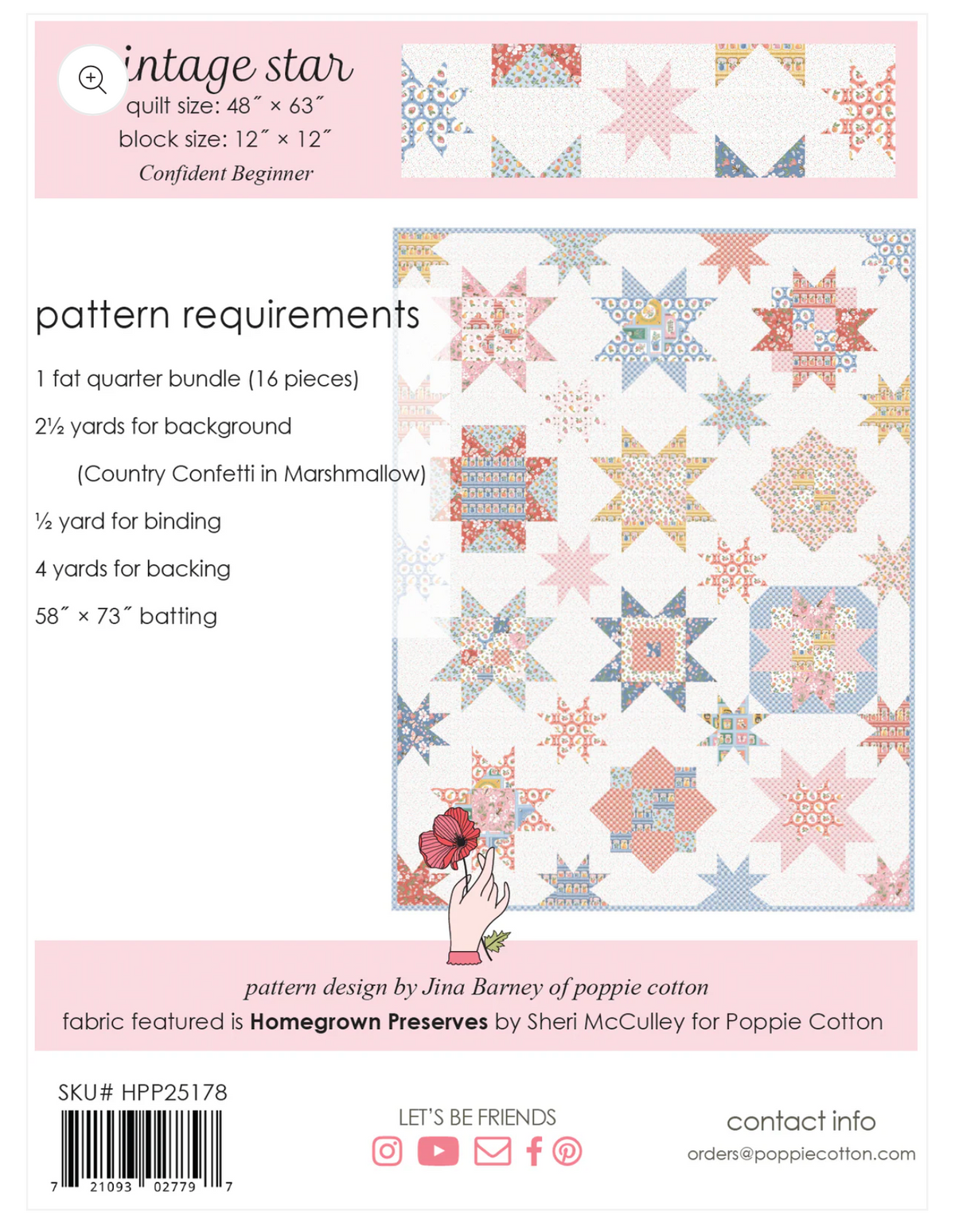 Vintage Star Quilt Pattern, for Home Grown Preserves Collection by Poppie Cotton | Fat Quarter Friendly | HPP25178