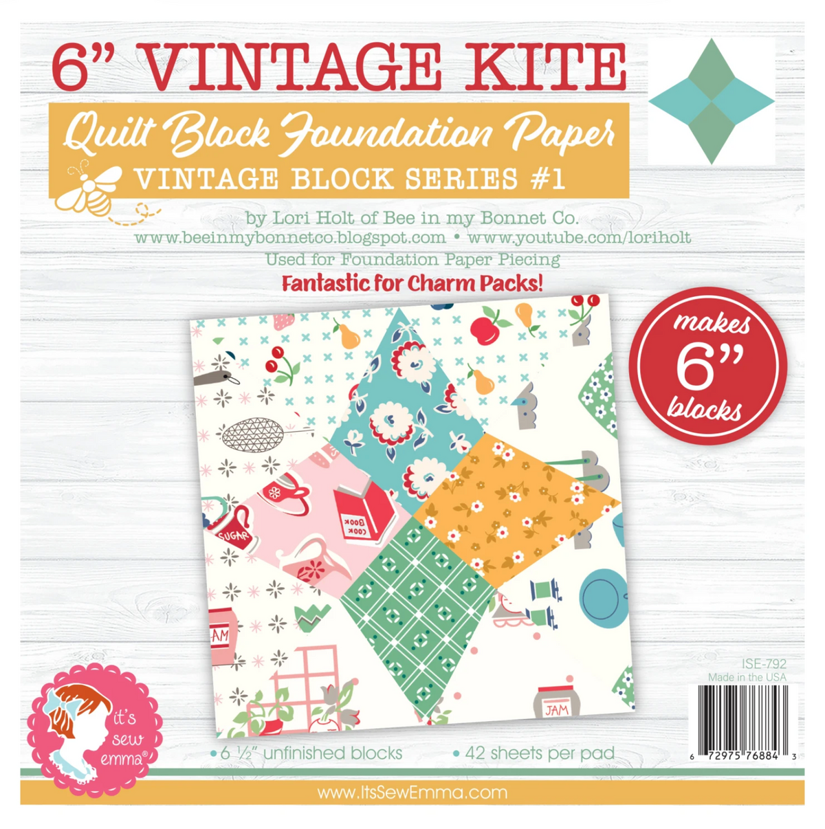 Vintage kite-themed foundation paper by Checkers, designed by Lori Holt, featuring colorful vintage kite illustrations for sewing projects.