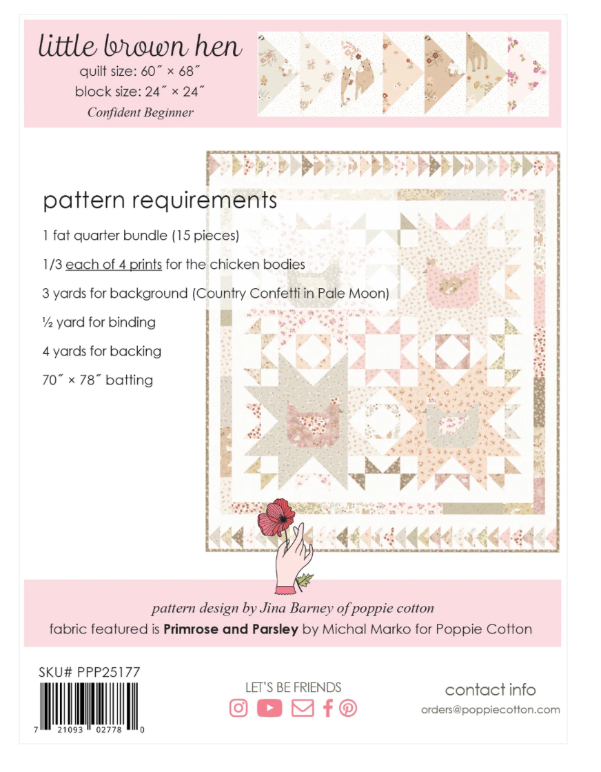 Little Brown Hen quilt pattern back cover with quilt size, fabric requirements, SKU PPP25177 and barcode