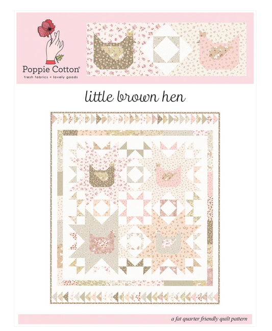 Little Brown Hen quilt pattern by Jina Barney for Poppie Cotton, showcasing colorful hen design on fabric.