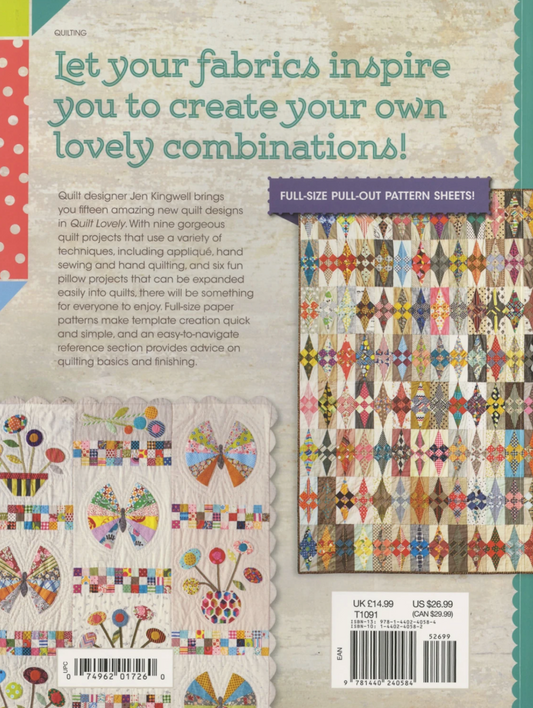 Back cover of Jen Kingwell's Quilt Lovely book featuring vibrant quilt project images and colorful patterns.