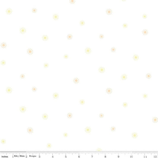 Riley Blake Hush Hush 5 Sunny Days quilting cotton fabric with bright yellow sun and cloud pattern, perfect for quilting projects.