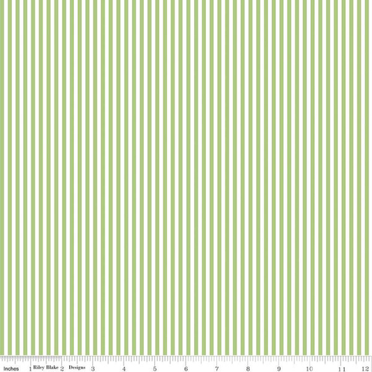 Green and white striped quilting cotton fabric from Riley Blake Designs, 1/8-inch stripe pattern, perfect for quilting projects.