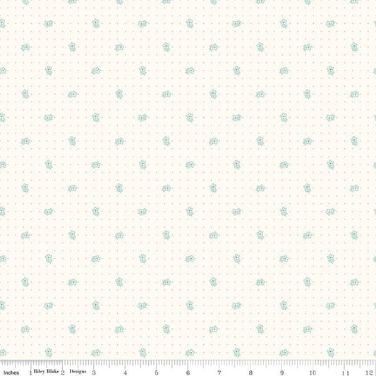 Teal quilting cotton fabric with bee and daisy pattern from Riley Blake Designs, perfect for quilting and sewing projects.