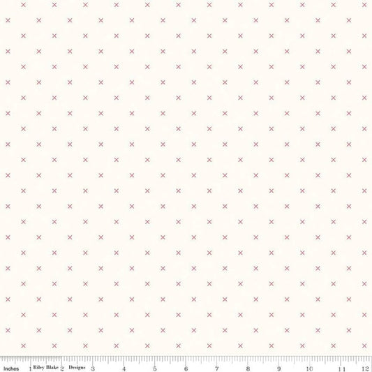 Riley Blake Bee Backgrounds Cross Stitch quilting cotton fabric in cayenne with a detailed bee and cross-stitch pattern.