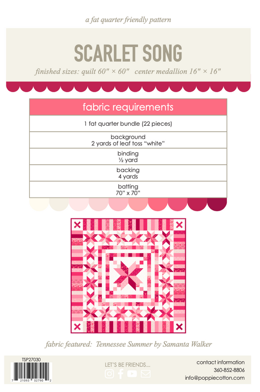 Scarlet Song quilt pattern TSP27030 by Samantha Walker for Poppie Cotton showing the quilt layout and pattern details.
