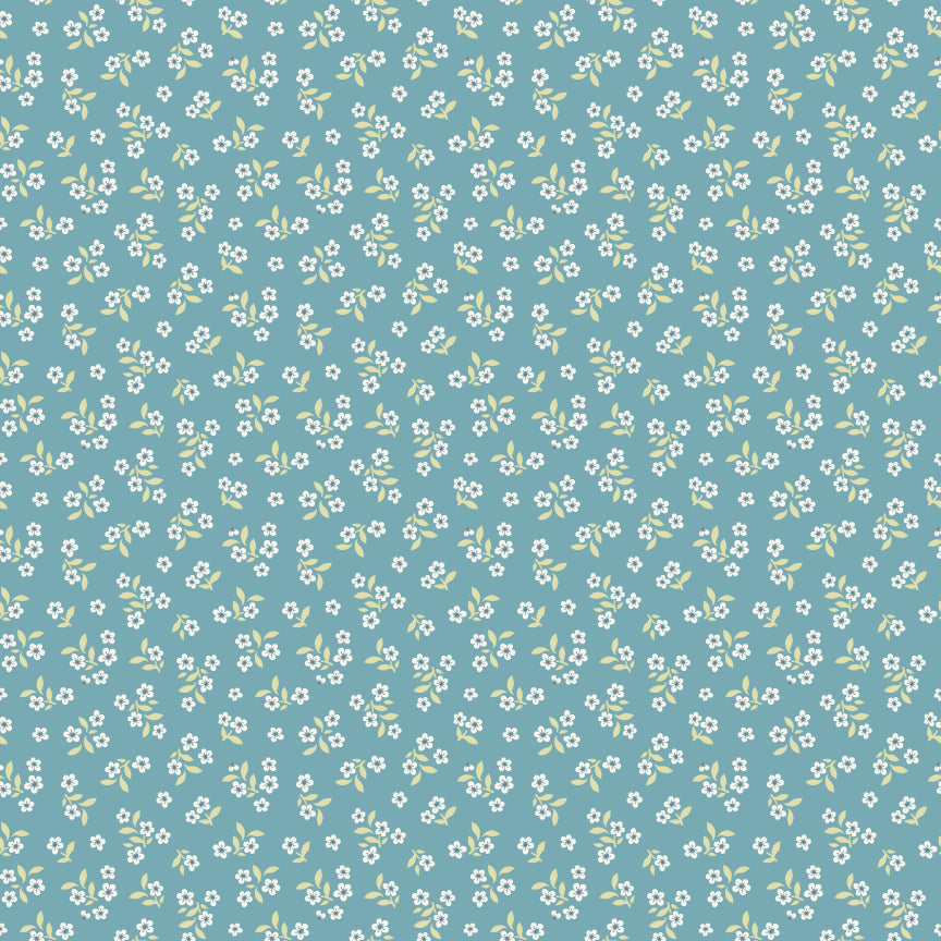 Singing Meadow Bright Posies Morning Sky fabric by Sheri McCulley for Poppie Cotton, SM271808.