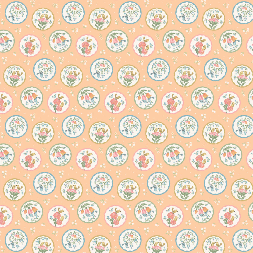 Singing Meadow Chirping Charmers Sunshine fabric by Sheri McCulley for Poppie Cotton, SM271806.