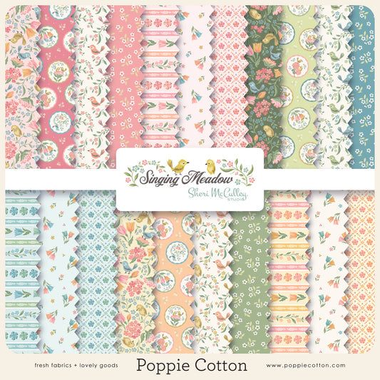 Singing Meadow 10 inch Stacker SM271826 by Sheri McCulley for Poppie Cotton featuring 42 precut squares from 21 spring floral and songbird prints.