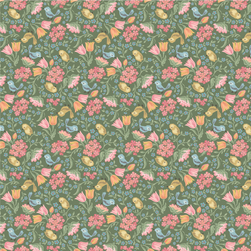 Singing Meadow Meadow Songbirds Meadow fabric by Sheri McCulley for Poppie Cotton, SM271802.