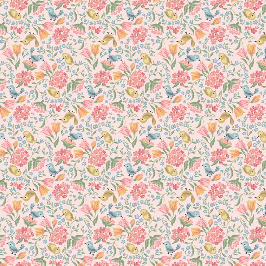 Poppie Cotton Singing Meadow fabric featuring Meadow Songbirds and Peony floral design, sold by the 1/2 yard.