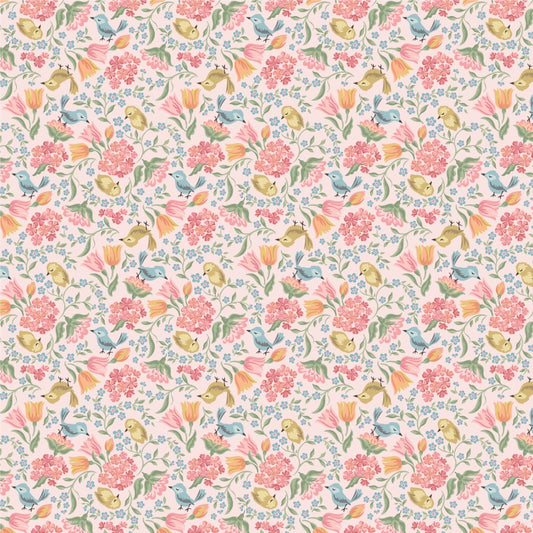 Singing Meadow Meadow Songbirds Peony fabric by Sheri McCulley for Poppie Cotton, SM271801.
