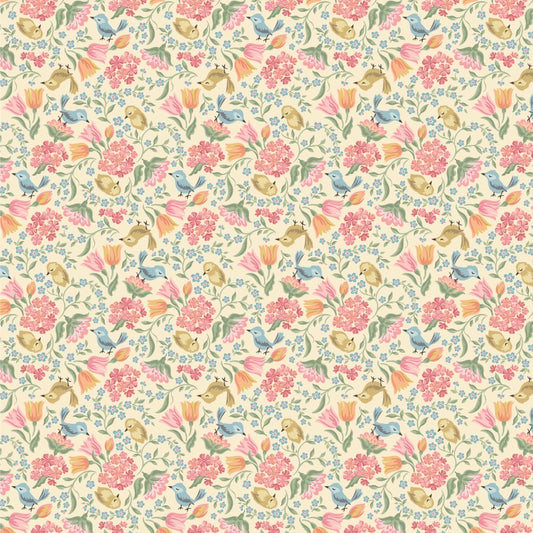Singing Meadow Meadow Songbirds Sunshine fabric by Sheri McCulley for Poppie Cotton, SM271803.