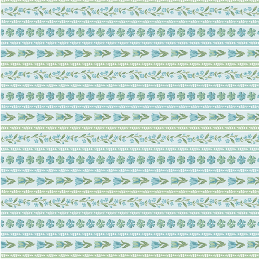 Singing Meadow Meadow Stripe Morning Sky fabric by Sheri McCulley for Poppie Cotton, SM271814.