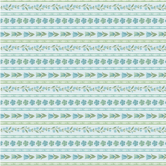 Singing Meadow Meadow Stripe Morning Sky fabric by Sheri McCulley for Poppie Cotton, SM271814.