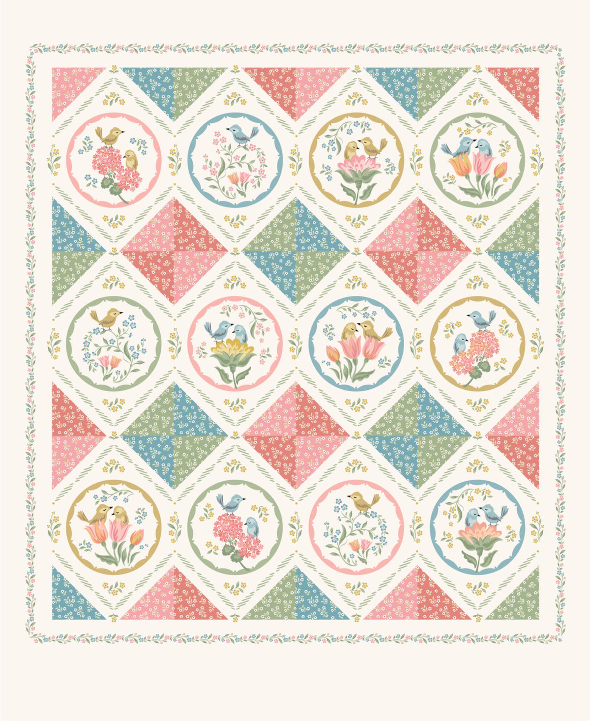 Singing Meadow Panel Multi SM271822 by Sheri McCulley for Poppie Cotton, 36 x 44 inch cheater quilt panel with birds and spring florals.