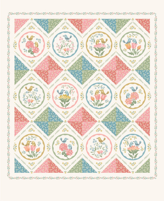 Singing Meadow Panel Multi SM271822 by Sheri McCulley for Poppie Cotton, 36 x 44 inch cheater quilt panel with birds and spring florals.