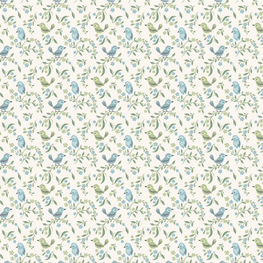 Sweetest Song Morning Sky SM271820 from Singing Meadow by Sheri McCulley for Poppie Cotton, blue and green birds among delicate floral vines.