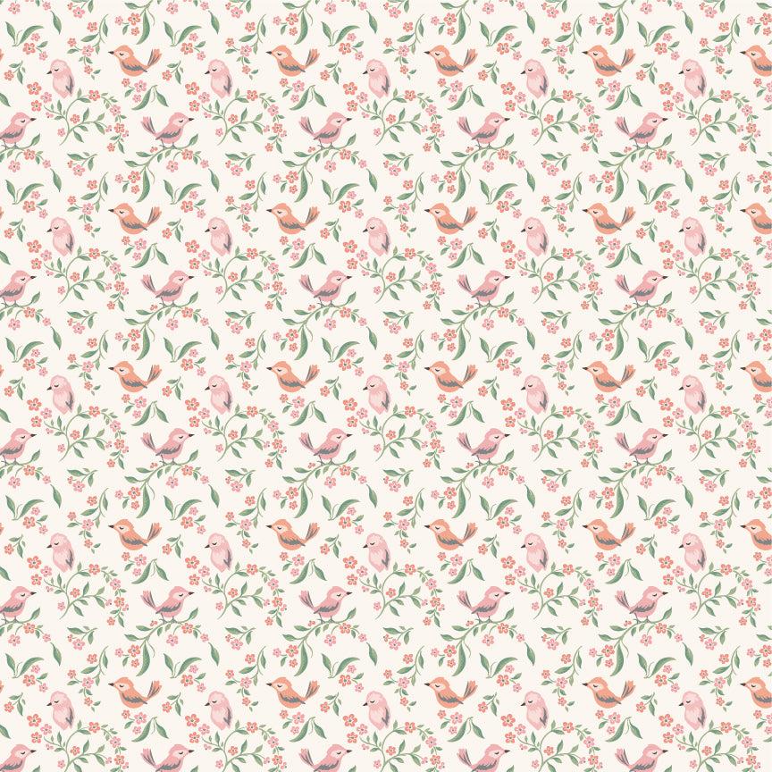 Sweetest Song Peony SM271819 from Singing Meadow by Sheri McCulley for Poppie Cotton, pink and coral birds among delicate floral vines.