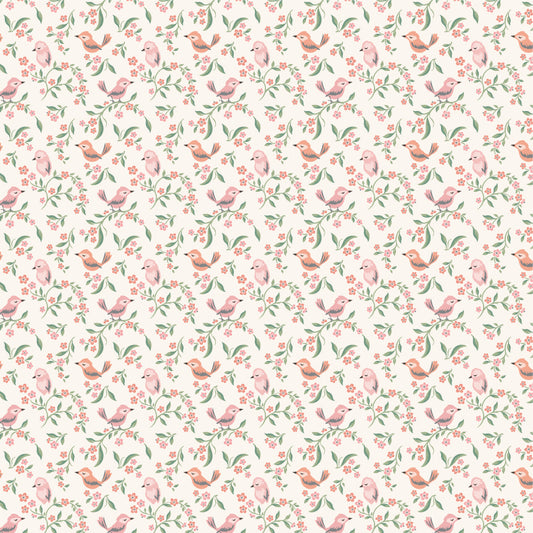 Sweetest Song Peony SM271819 from Singing Meadow by Sheri McCulley for Poppie Cotton, pink and coral birds among delicate floral vines.