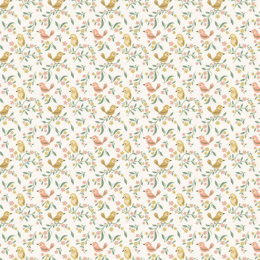 Sweetest Song Sunshine SM271821 from Singing Meadow by Sheri McCulley for Poppie Cotton, golden and coral birds among delicate floral vines.