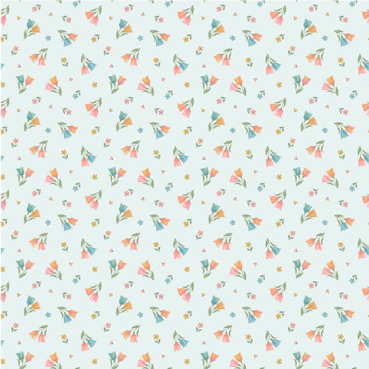 Tiptoe Tulips Morning Sky SM271817 from Singing Meadow by Sheri McCulley for Poppie Cotton, tossed multicolor tulips and tiny flowers on a pale blue background.