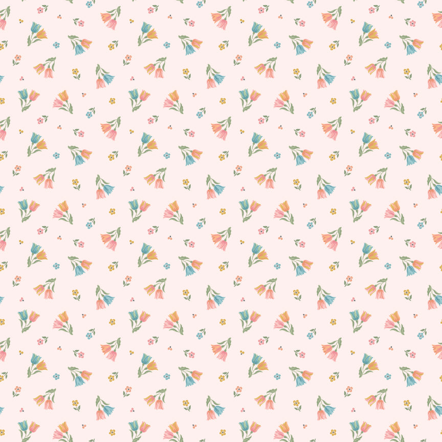 Tiptoe Tulips Peony SM271816 from Singing Meadow by Sheri McCulley for Poppie Cotton, tossed multicolor tulips and tiny flowers on a soft pink background.