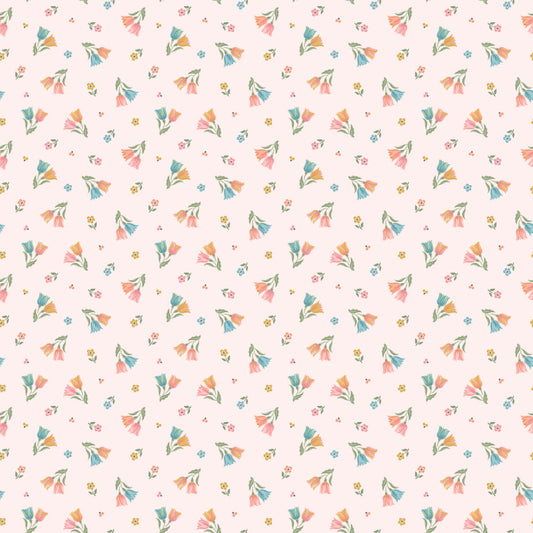 Tiptoe Tulips Peony SM271816 from Singing Meadow by Sheri McCulley for Poppie Cotton, tossed multicolor tulips and tiny flowers on a soft pink background.