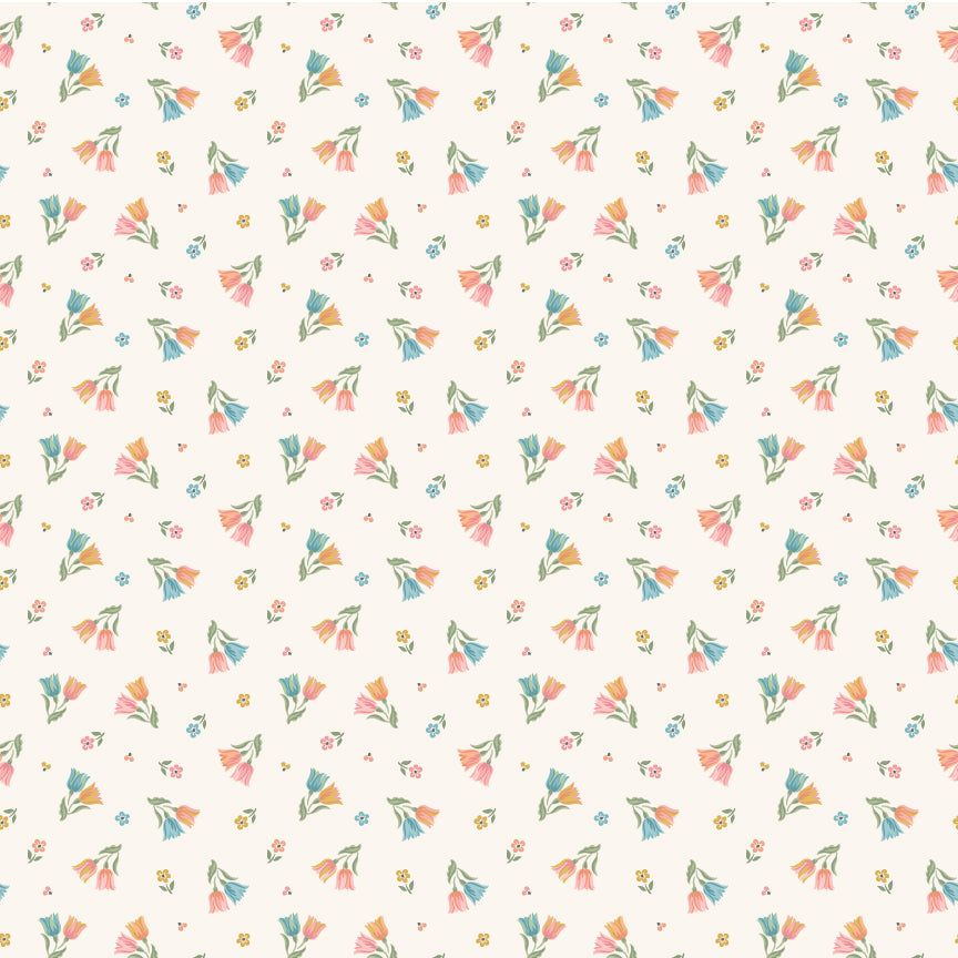 Tiptoe Tulips Sunshine SM271818 from Singing Meadow by Sheri McCulley for Poppie Cotton, tossed multicolor tulips and tiny flowers on a warm cream background.