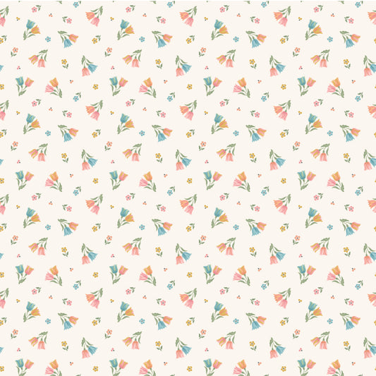 Tiptoe Tulips Sunshine SM271818 from Singing Meadow by Sheri McCulley for Poppie Cotton, tossed multicolor tulips and tiny flowers on a warm cream background.