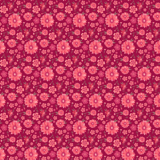 Southern Floral Dark Red TS271603 from Tennessee Summer by Samantha Walker for Poppie Cotton, tossed pink and red flowers on a deep red background.